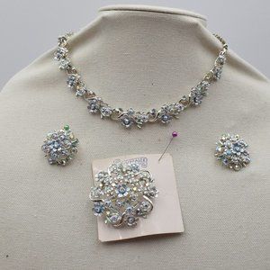 NWOT Vintage BSK Enamel and Aroura Borealis Parure 3 Pc Set NOS